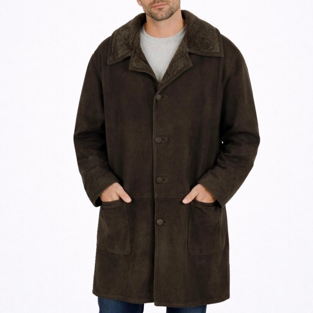 Men's Genuine Suede Shearling Long Coat Jacket Custom Made Brown Size 3XL